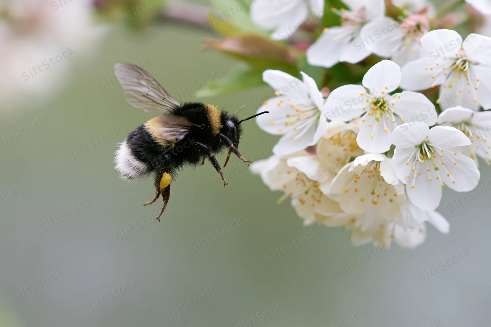 Bumblebee hovering near white cherry blossoms in spring garden