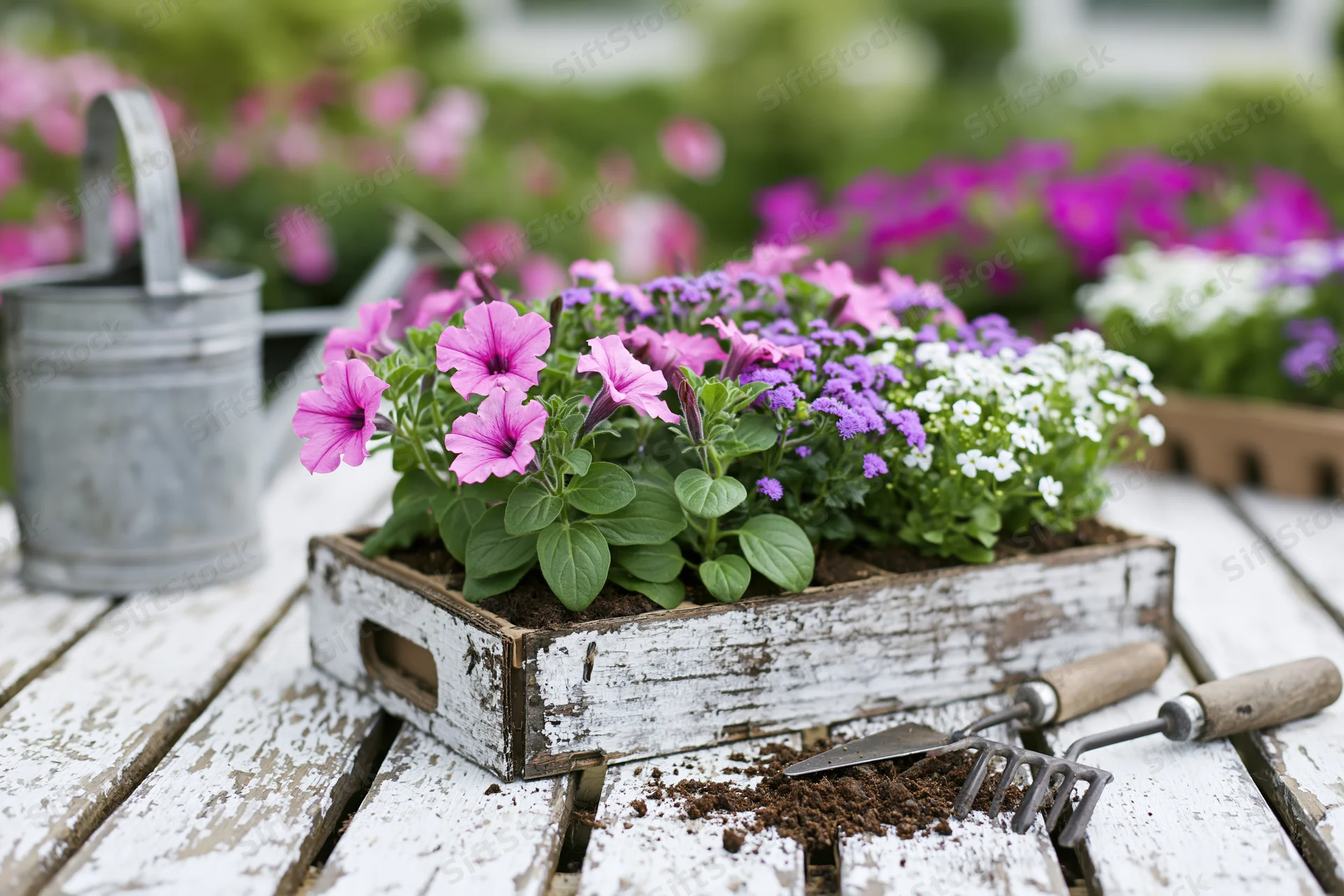 Pink petunias, purple ageratum and white alyssum planted in a weathered wooden tray on a white-painted deck with gardening tools nearby