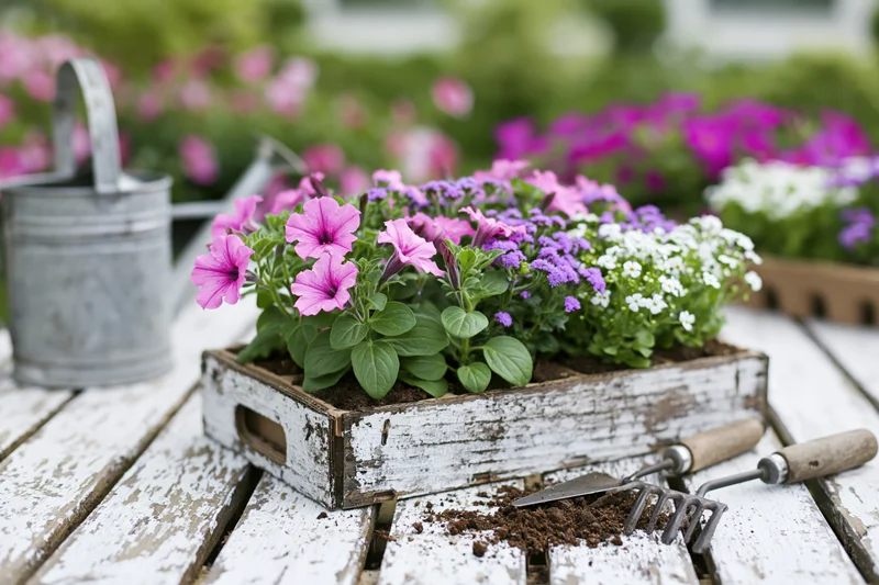 Pink petunias, purple ageratum and white alyssum planted in a weathered wooden tray on a white-painted deck with gardening tools nearby