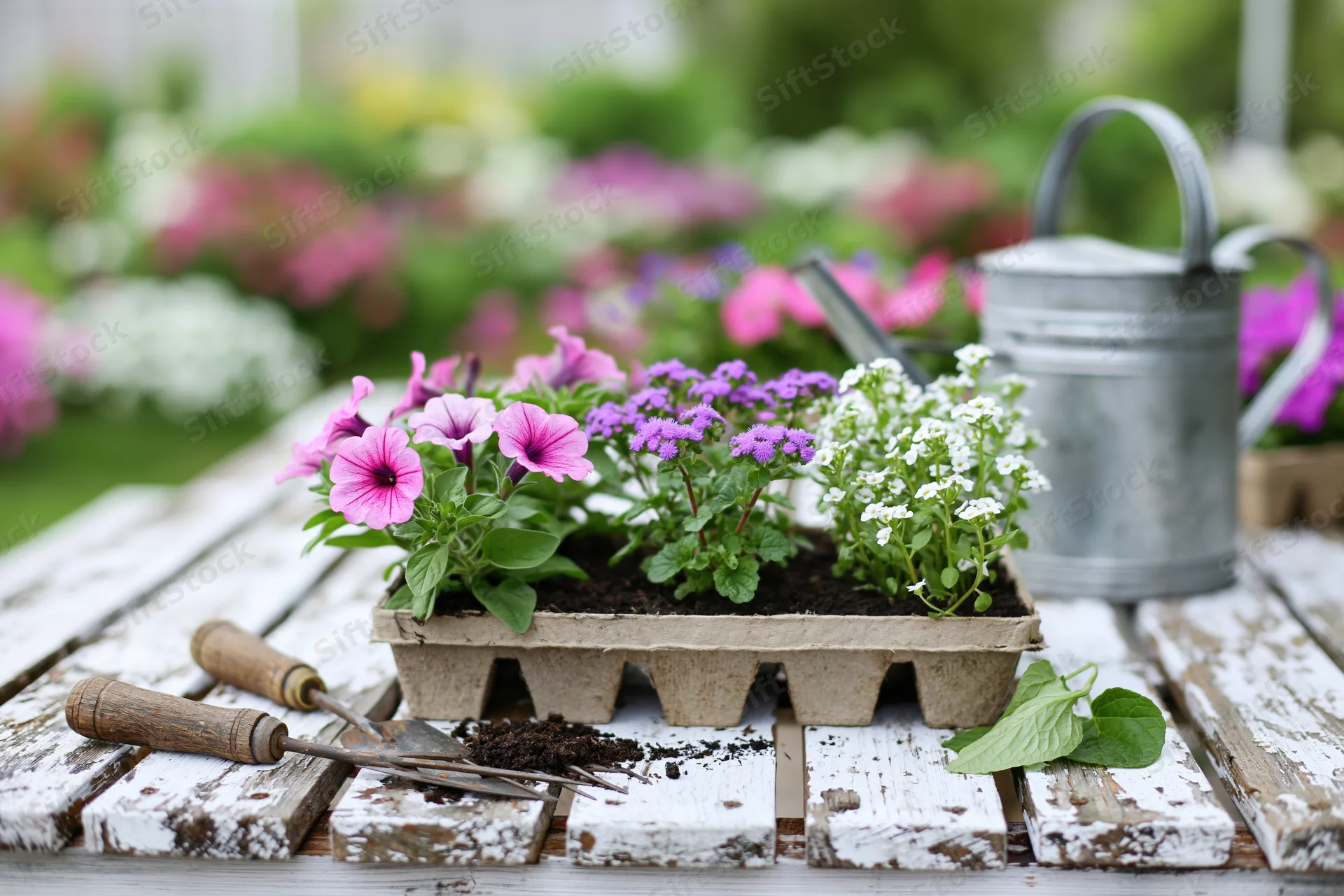 Cardboard tray with pink petunias, purple ageratum, and white alyssum seedlings on a weathered wooden table outdoors