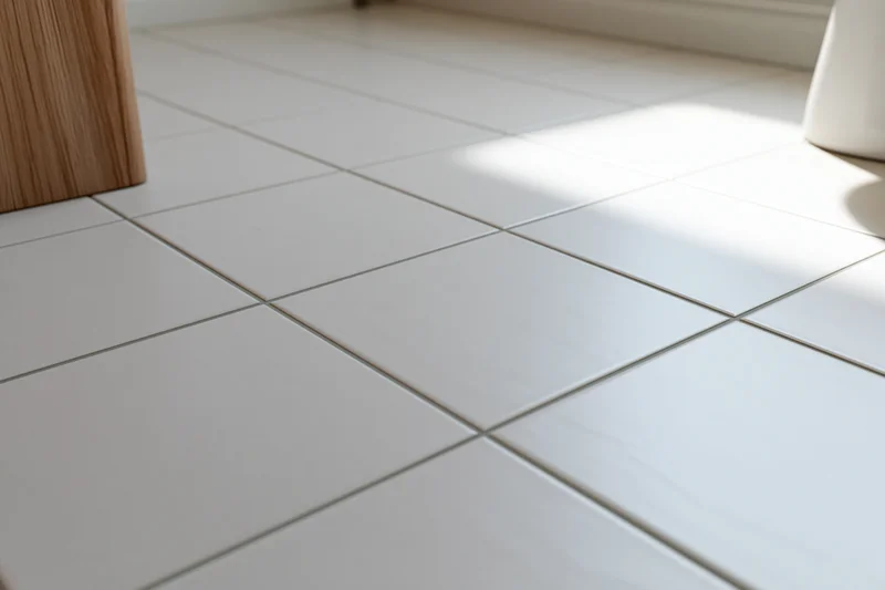 Clean white ceramic tile floor in a bathroom with sunlight casting shadows across the surface