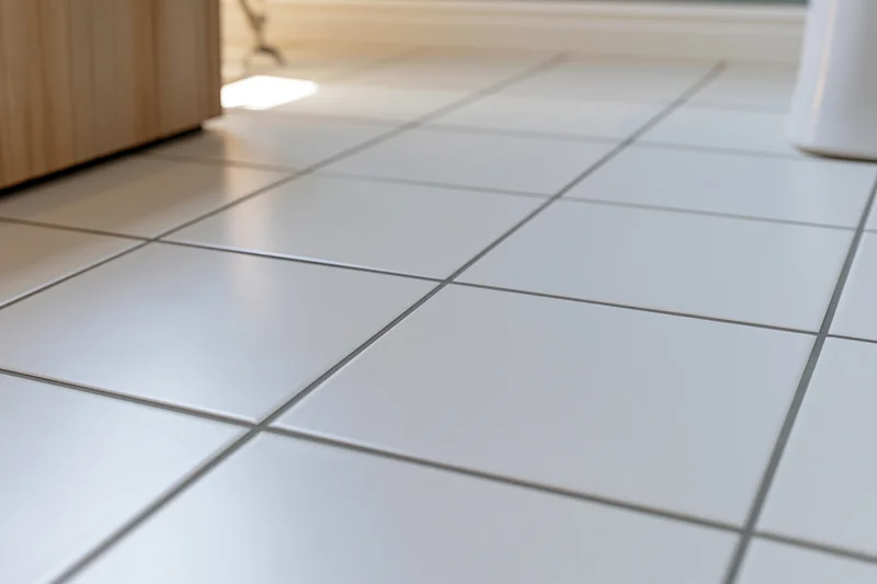 Clean white ceramic tile floor in a bathroom with visible grout lines and cabinetry edge