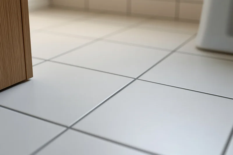 Clean white ceramic tile floor in bathroom with wooden cabinet and toilet base visible