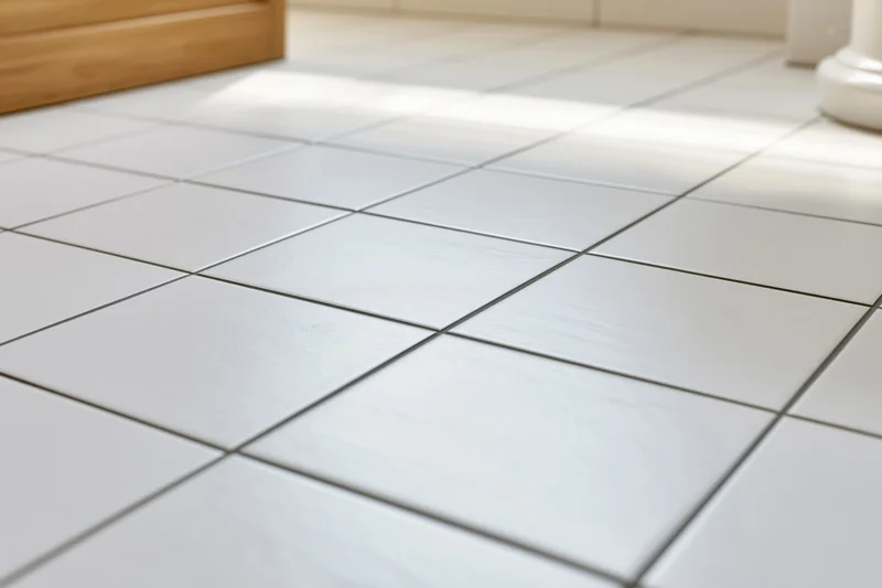 Clean white ceramic tile floor in a bathroom with natural light and grout lines visible