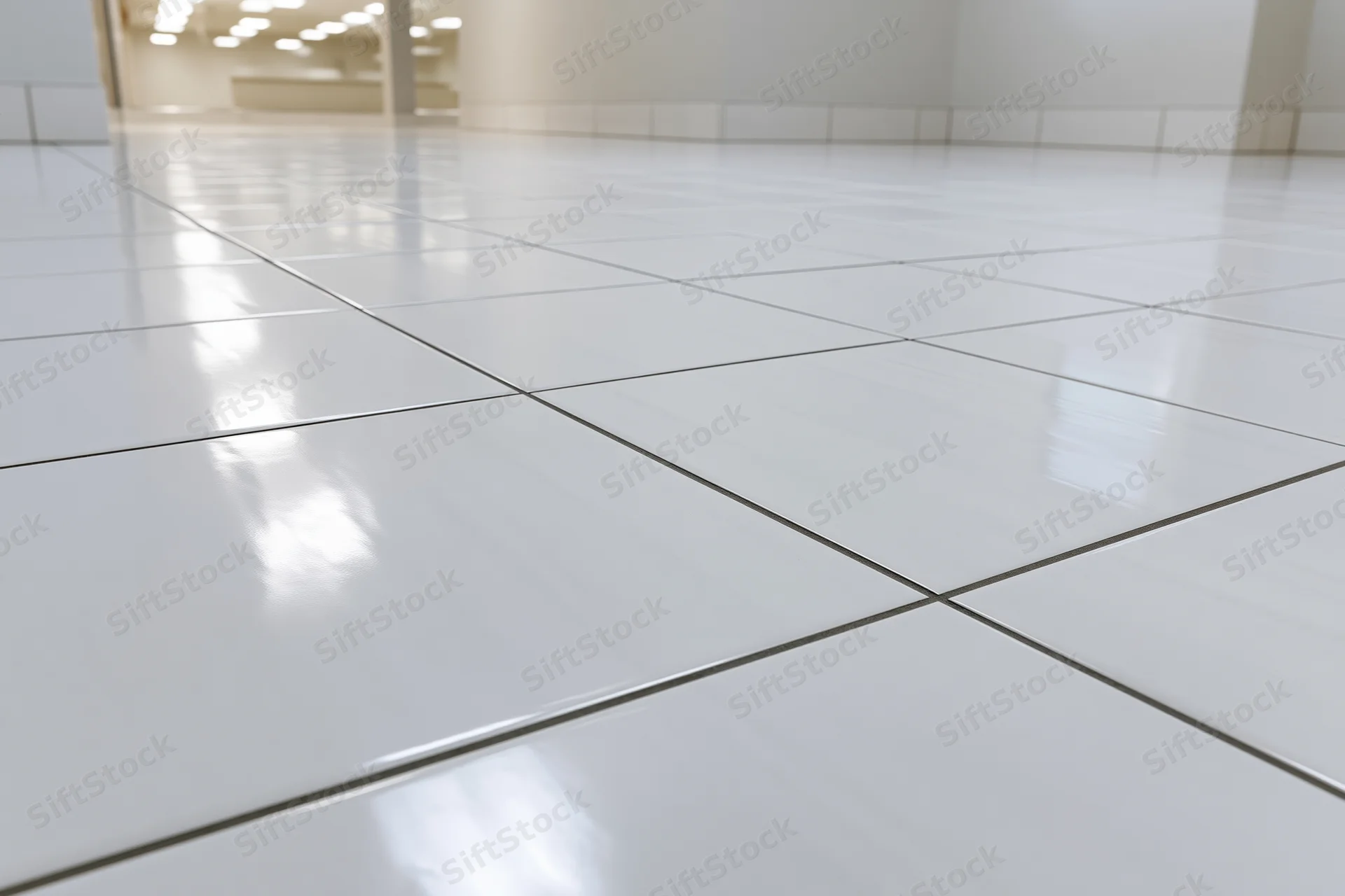 White ceramic floor tiles arranged in a grid pattern viewed from low angle in a clean interior space
