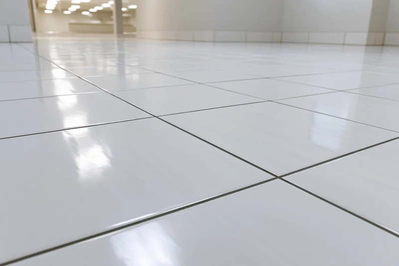 White ceramic floor tiles arranged in a grid pattern viewed from low angle in a clean interior space