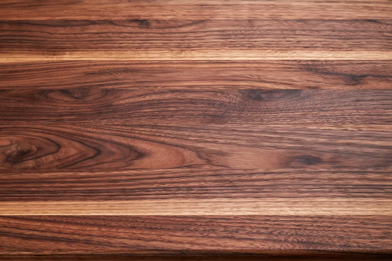 Close-up flat lay of a walnut butcher block wood surface with horizontal grain pattern and warm brown tones