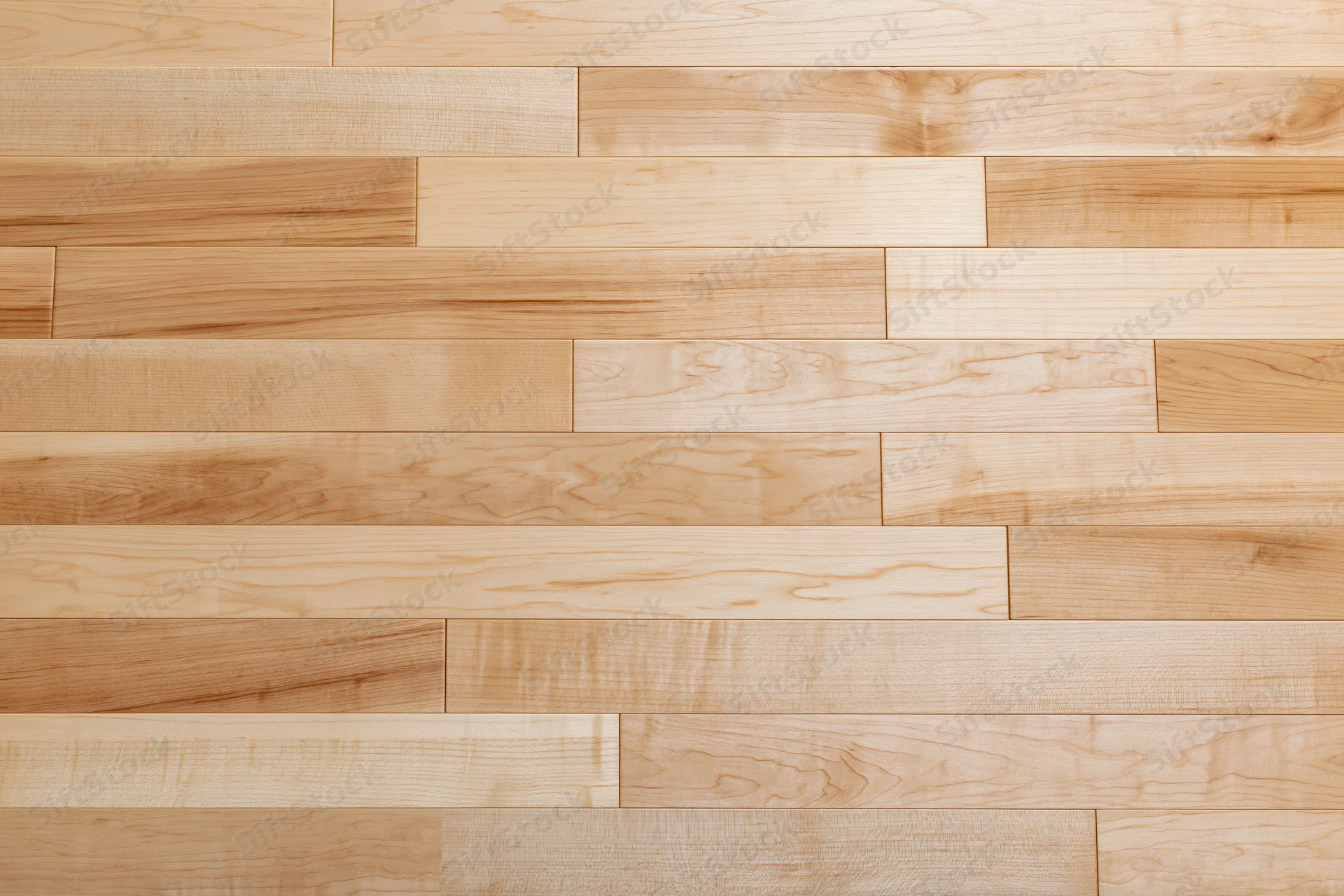 Light maple hardwood floor planks arranged in staggered pattern for interior flooring