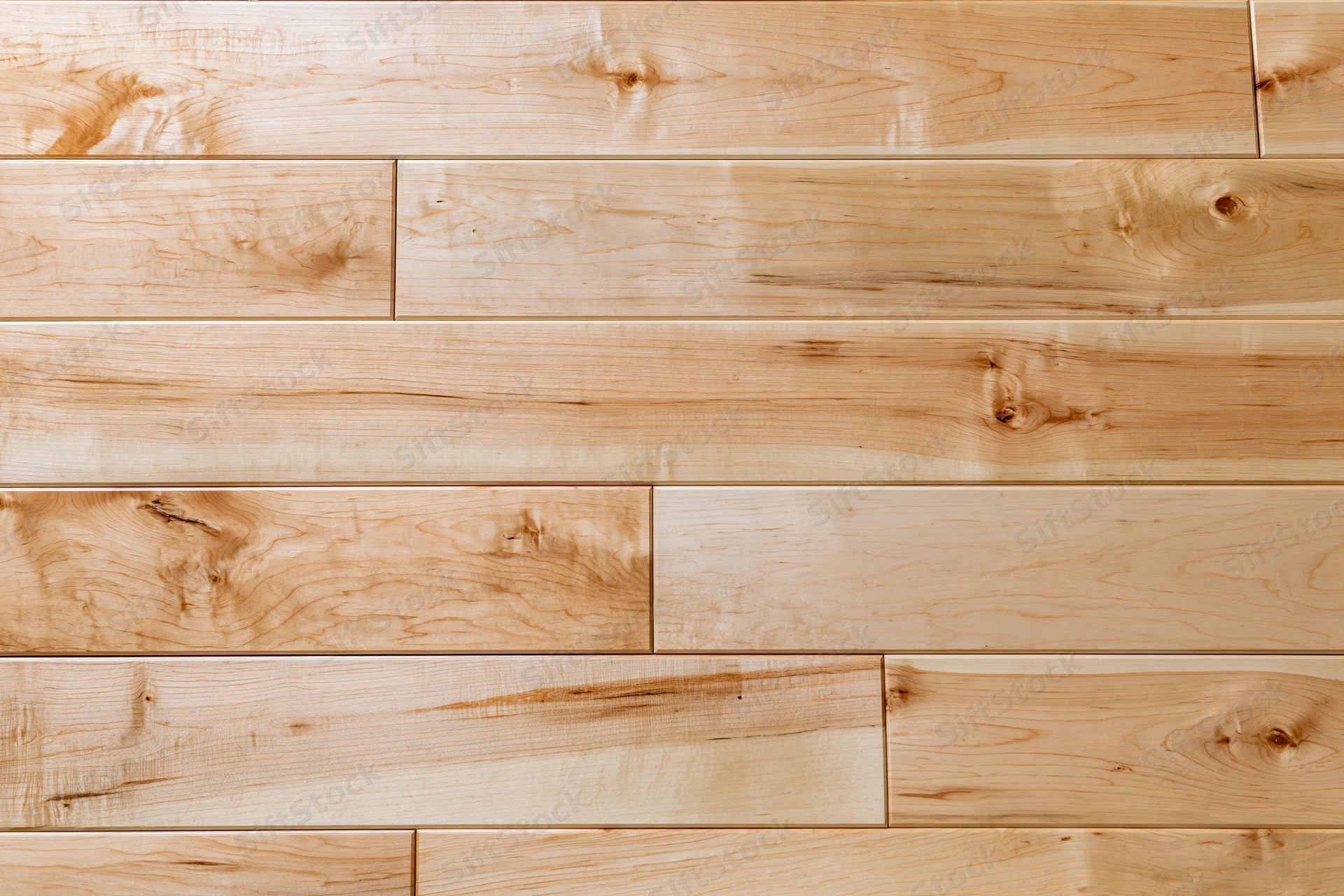 Light maple hardwood flooring planks arranged in horizontal rows for interior flooring