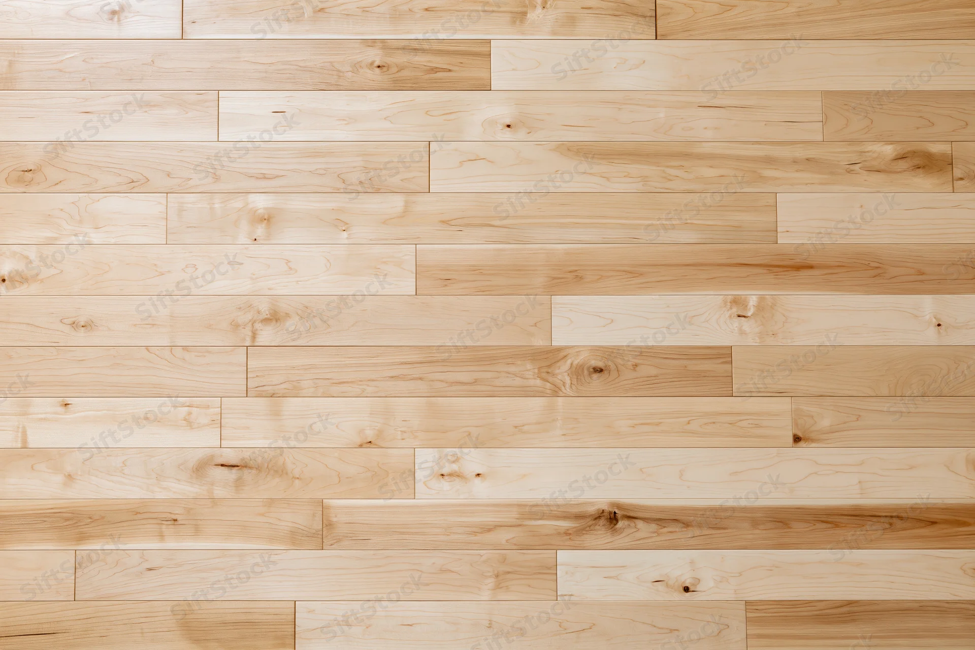 Light maple hardwood flooring planks arranged in horizontal rows for interior flooring