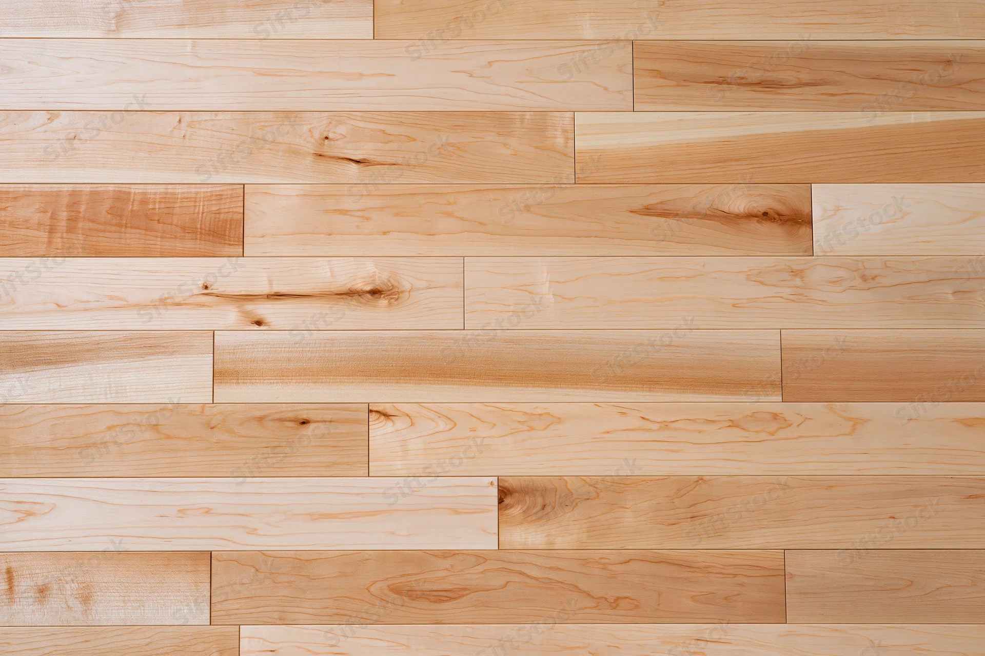 Light maple hardwood flooring planks arranged in staggered pattern for interior flooring