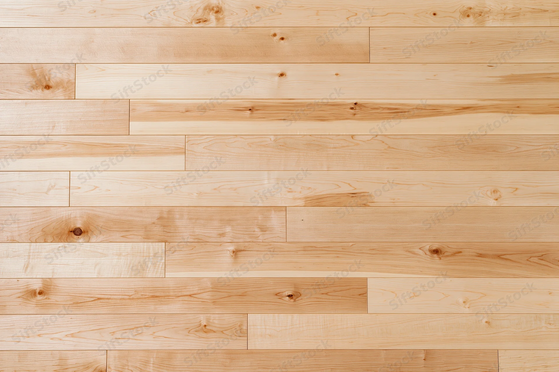Light maple hardwood flooring planks arranged in horizontal rows for interior flooring