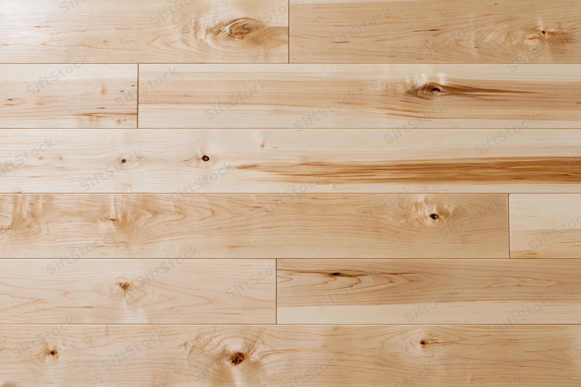 Light maple hardwood flooring planks arranged in horizontal rows for interior flooring