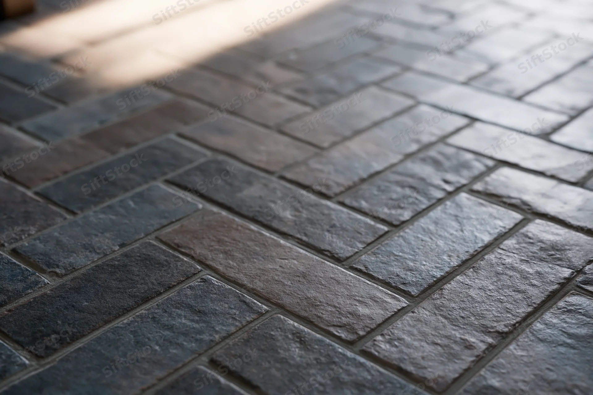 Dark slate pavement arranged in herringbone pattern on outdoor terrace floor