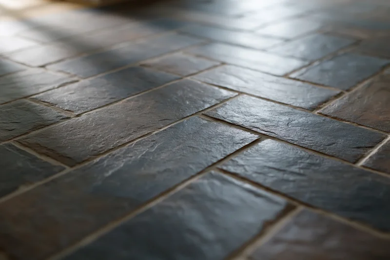 Dark slate tiles arranged in herringbone pattern on indoor floor