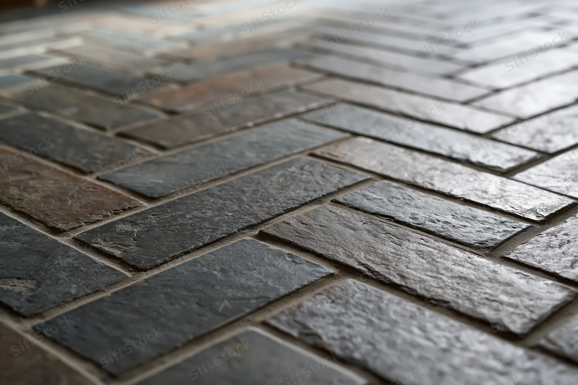 Dark slate tiles arranged in staggered pattern on outdoor floor surface