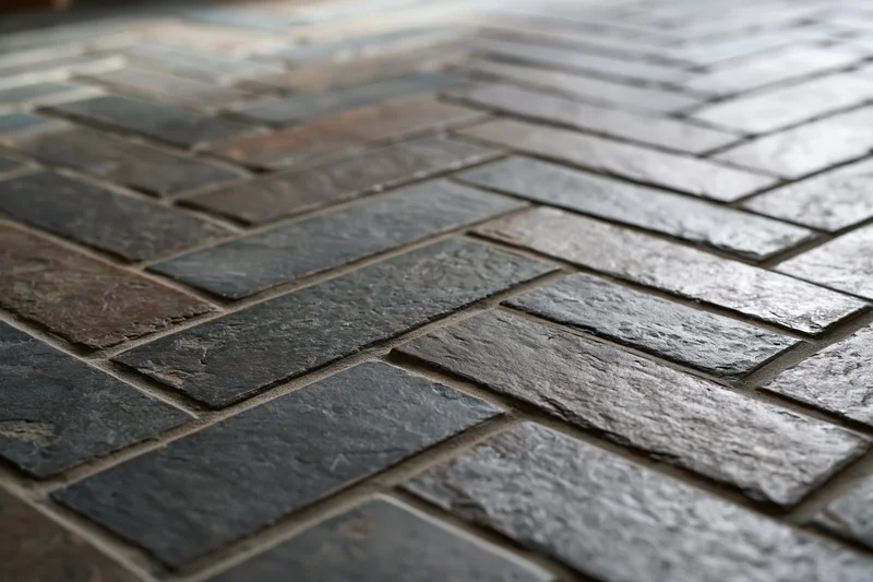 Dark slate tiles arranged in staggered pattern on outdoor floor surface