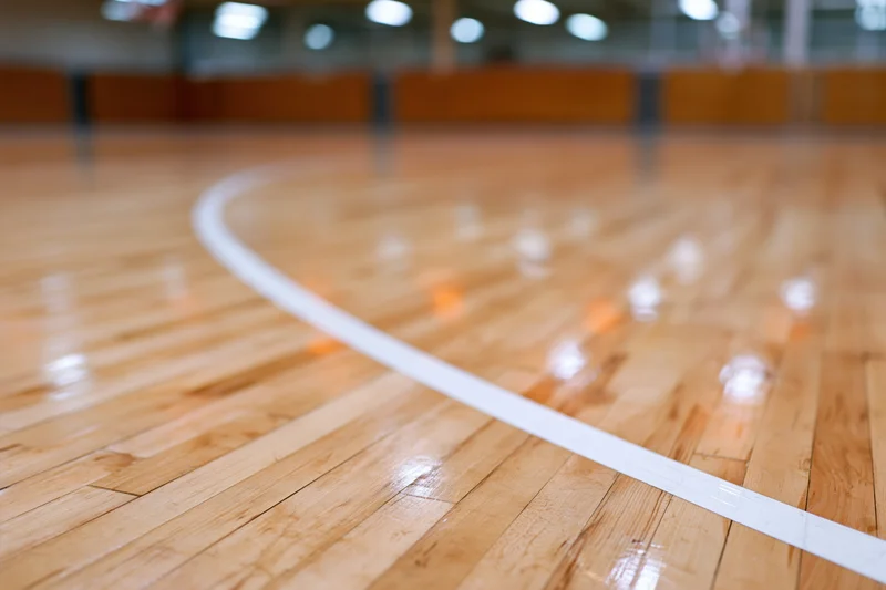 Polished hardwood gymnasium floor with white curved line and reflections under indoor lighting