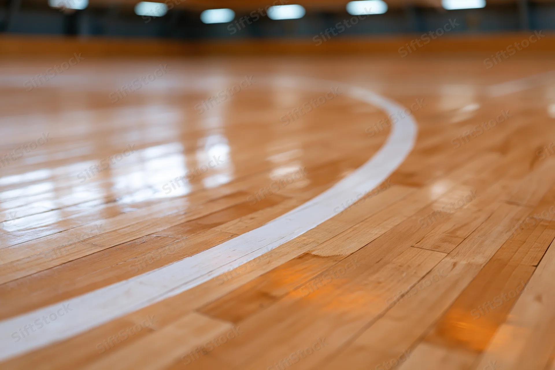 Polished hardwood basketball court floor with white curved line in indoor gymnasium