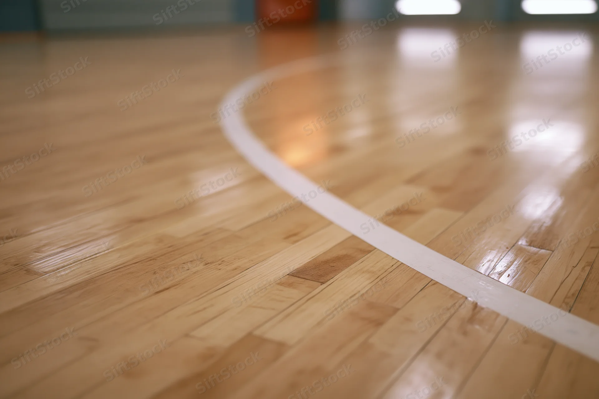 Close-up of polished hardwood gymnasium floor with white curved boundary line