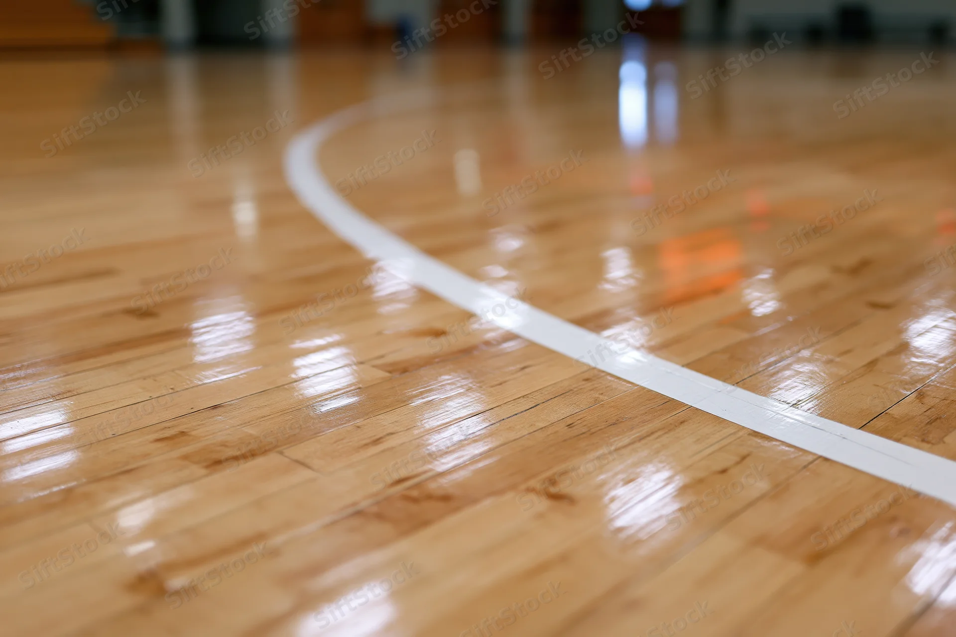 Polished hardwood gymnasium floor with white boundary line reflecting overhead lights