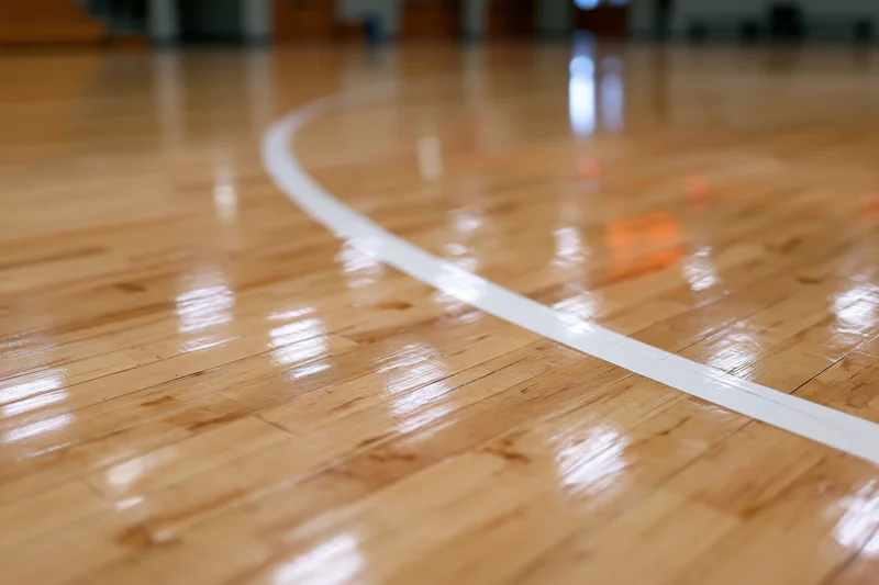 Polished hardwood gymnasium floor with white boundary line reflecting overhead lights