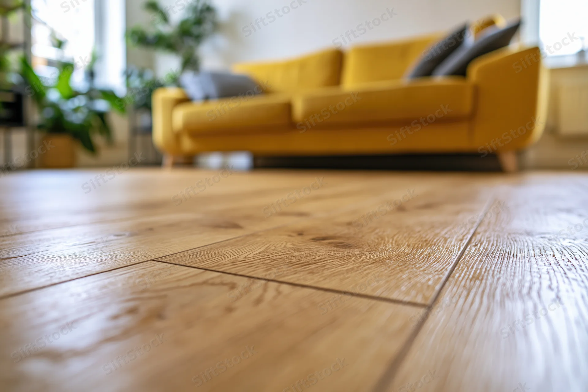 Close-up of warm brown laminate wood floor in a living room with a yellow sofa and indoor plants in the background