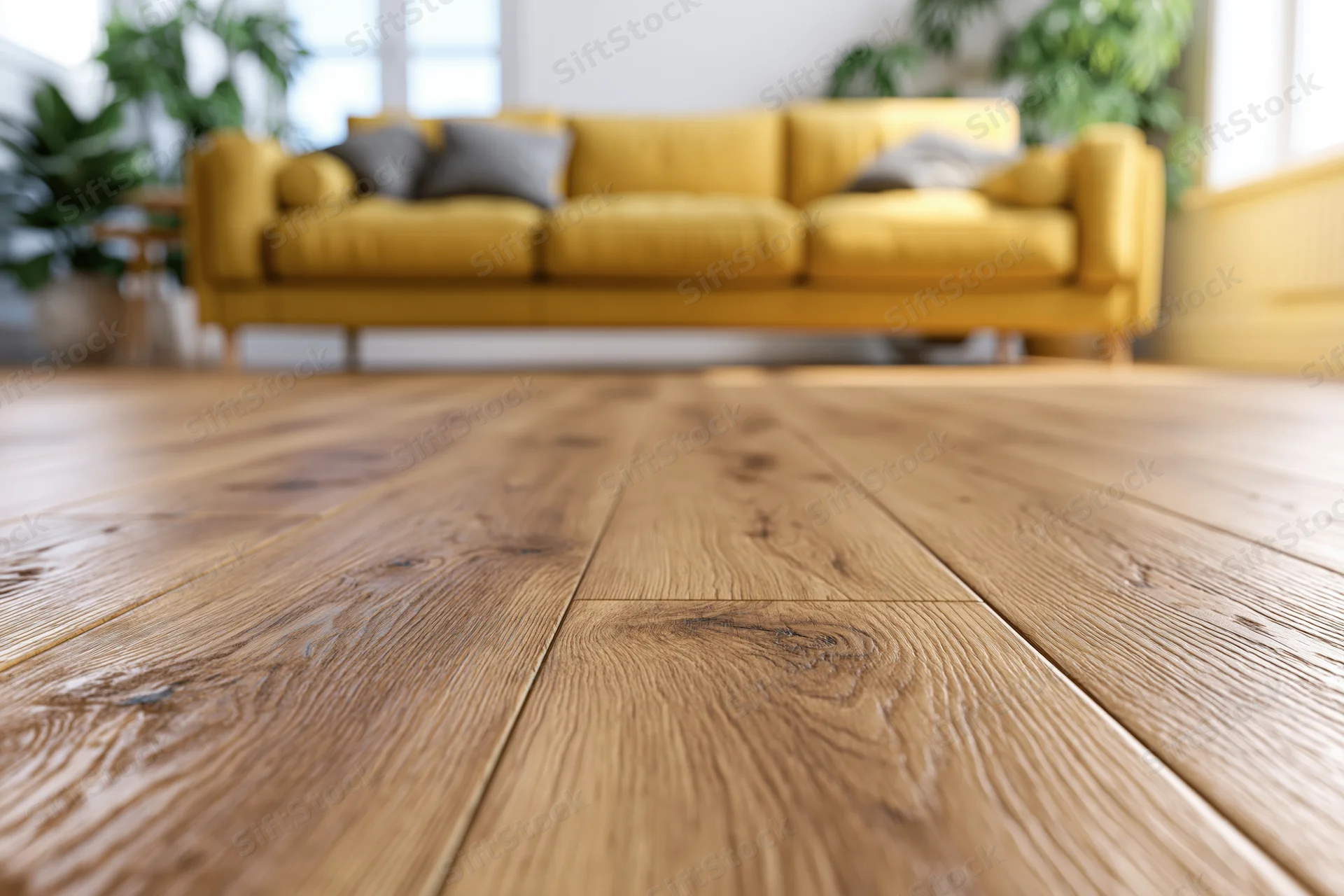 Close-up of warm brown laminate wood floor in a living room with a yellow sofa and indoor plants in the background