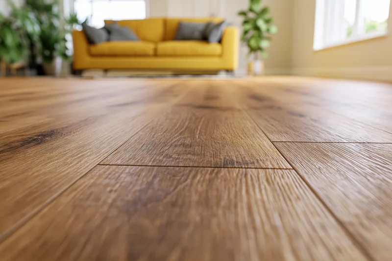 Close-up of warm brown laminate wood flooring in a living room with a yellow sofa and green plants in the background