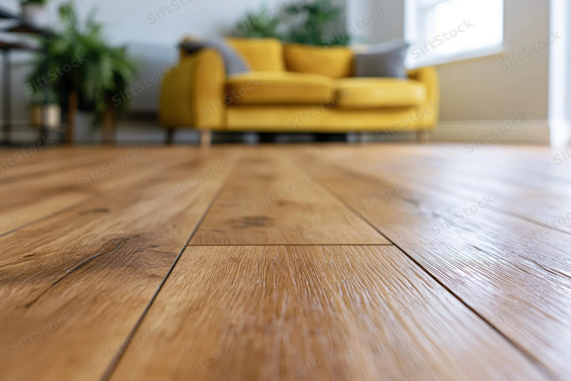 Close-up of warm brown laminate wood flooring in a living room with a yellow sofa and plants in the background