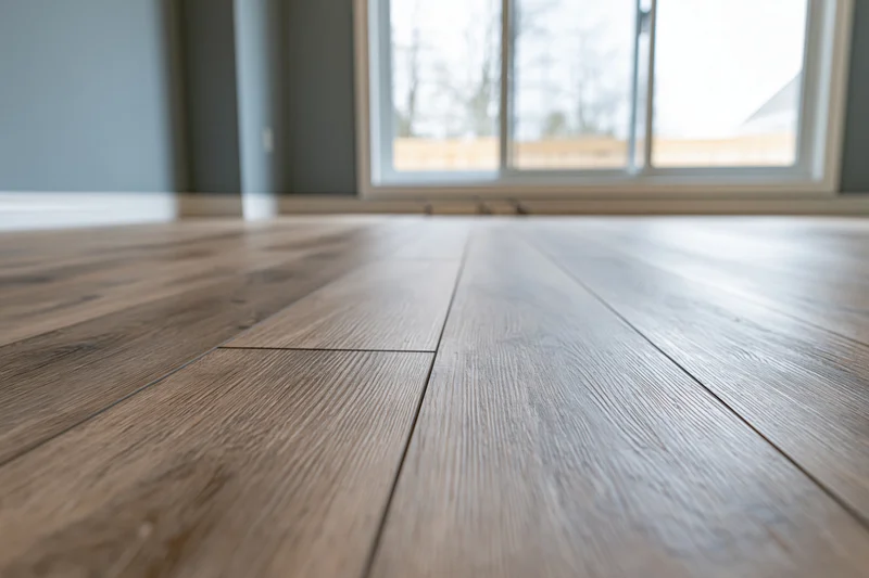 Wide-plank laminate wood flooring in a modern interior room with window and gray walls