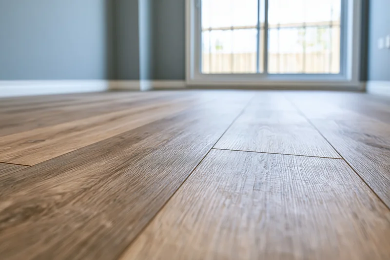 Wide-plank laminate wood flooring in a modern interior room with gray walls and a glass door leading to a balcony