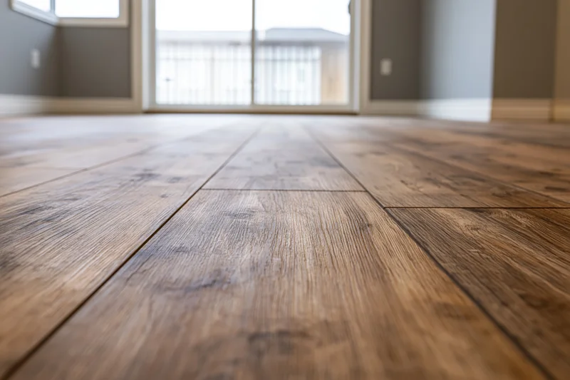 Close-up ground-level view of wide-plank laminate wood flooring