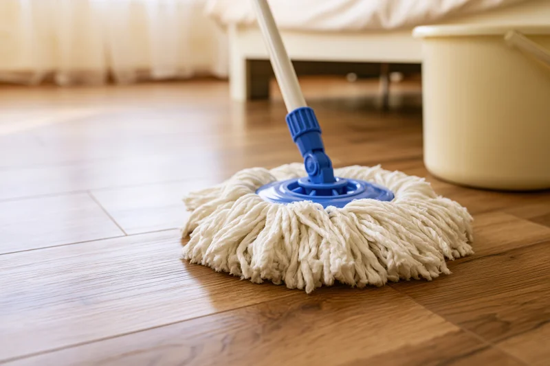Spin mop with white microfiber head resting on wooden floor near bucket in bedroom interior