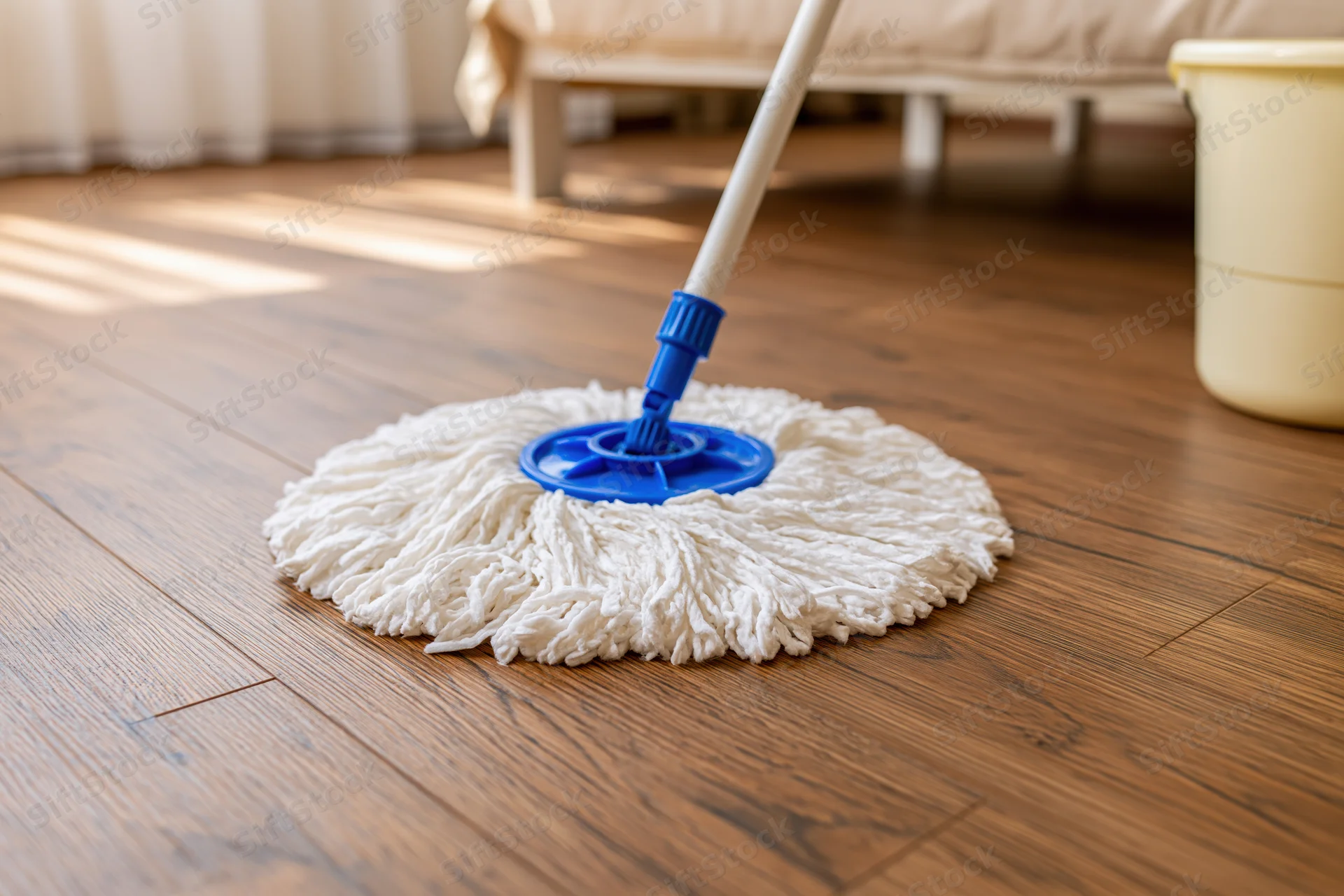 Spin mop with white microfiber head resting on hardwood floor in sunlit bedroom