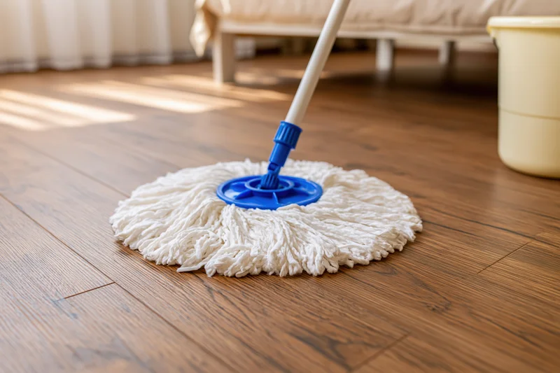 Spin mop with white microfiber head resting on hardwood floor in sunlit bedroom