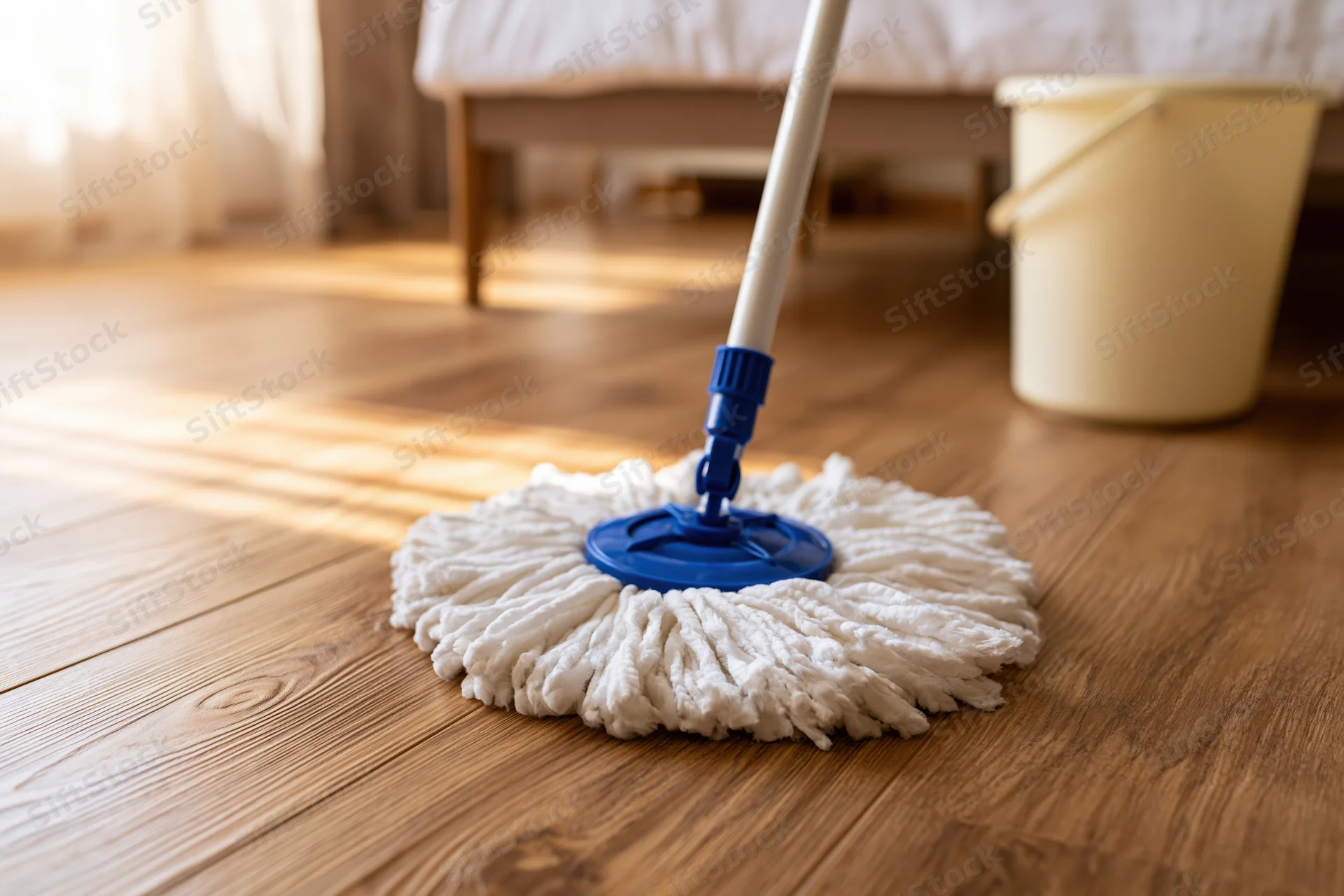 Spin mop with white microfiber head resting on wooden floor in bedroom near bucket and bed