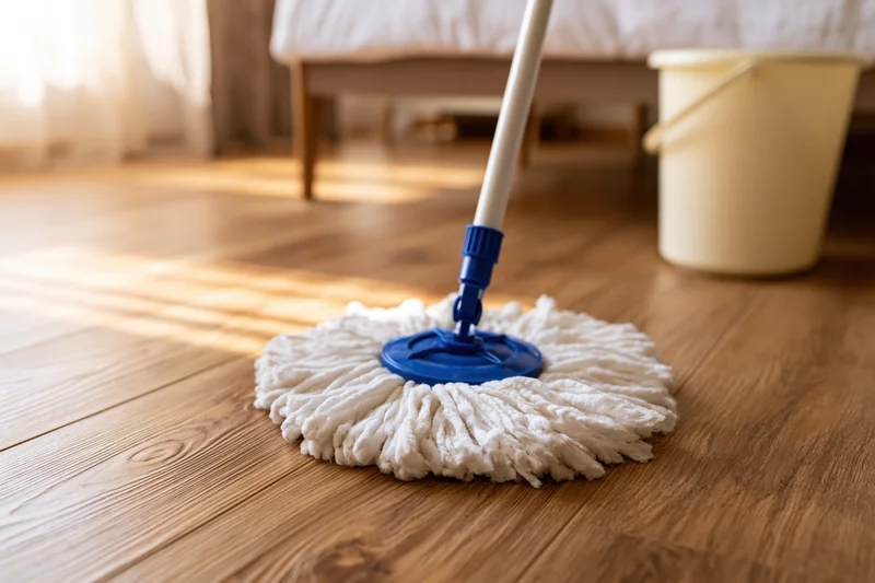 Spin mop with white microfiber head resting on wooden floor in bedroom near bucket and bed
