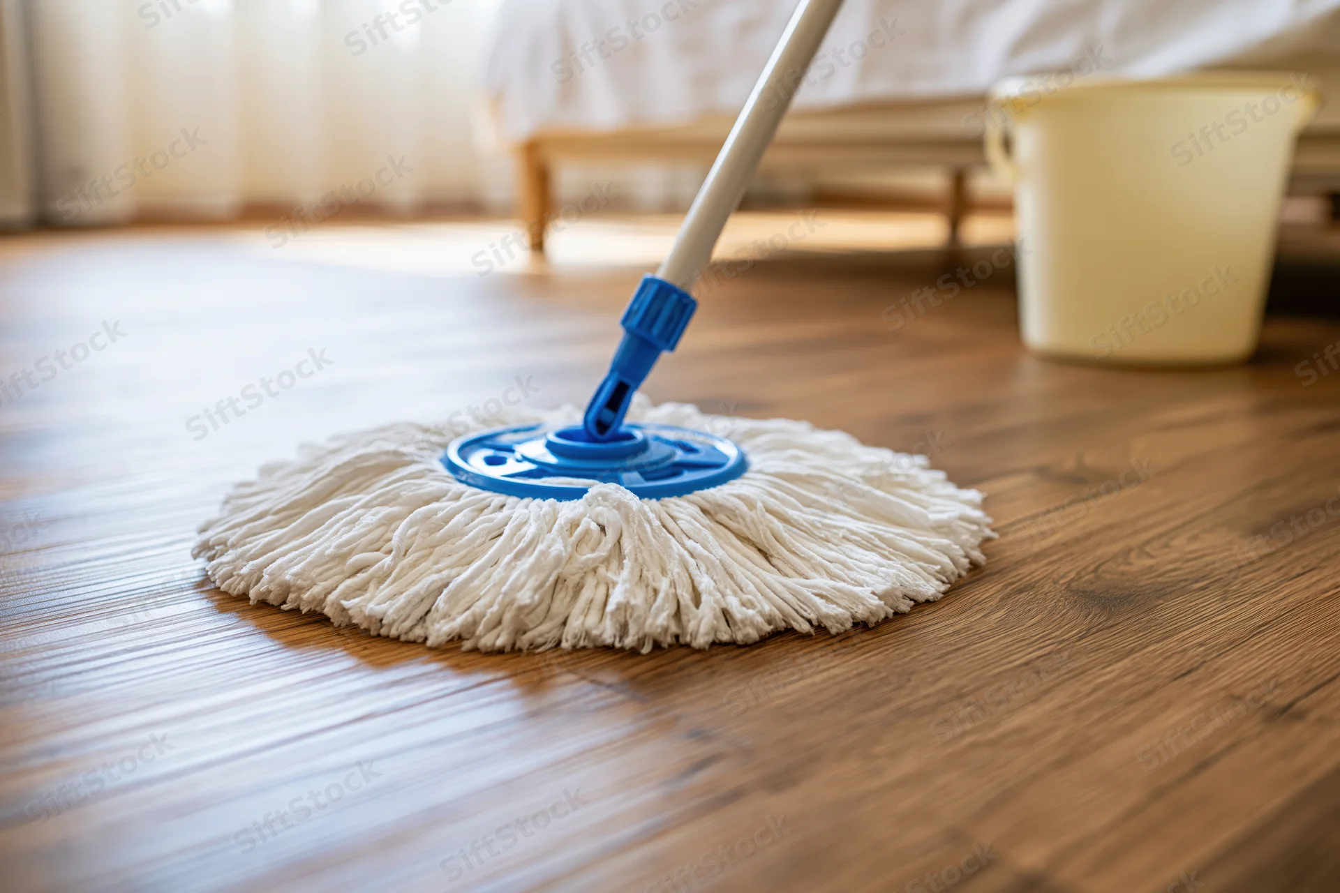 Spin mop with white microfiber head resting on wooden floor near bucket in bedroom
