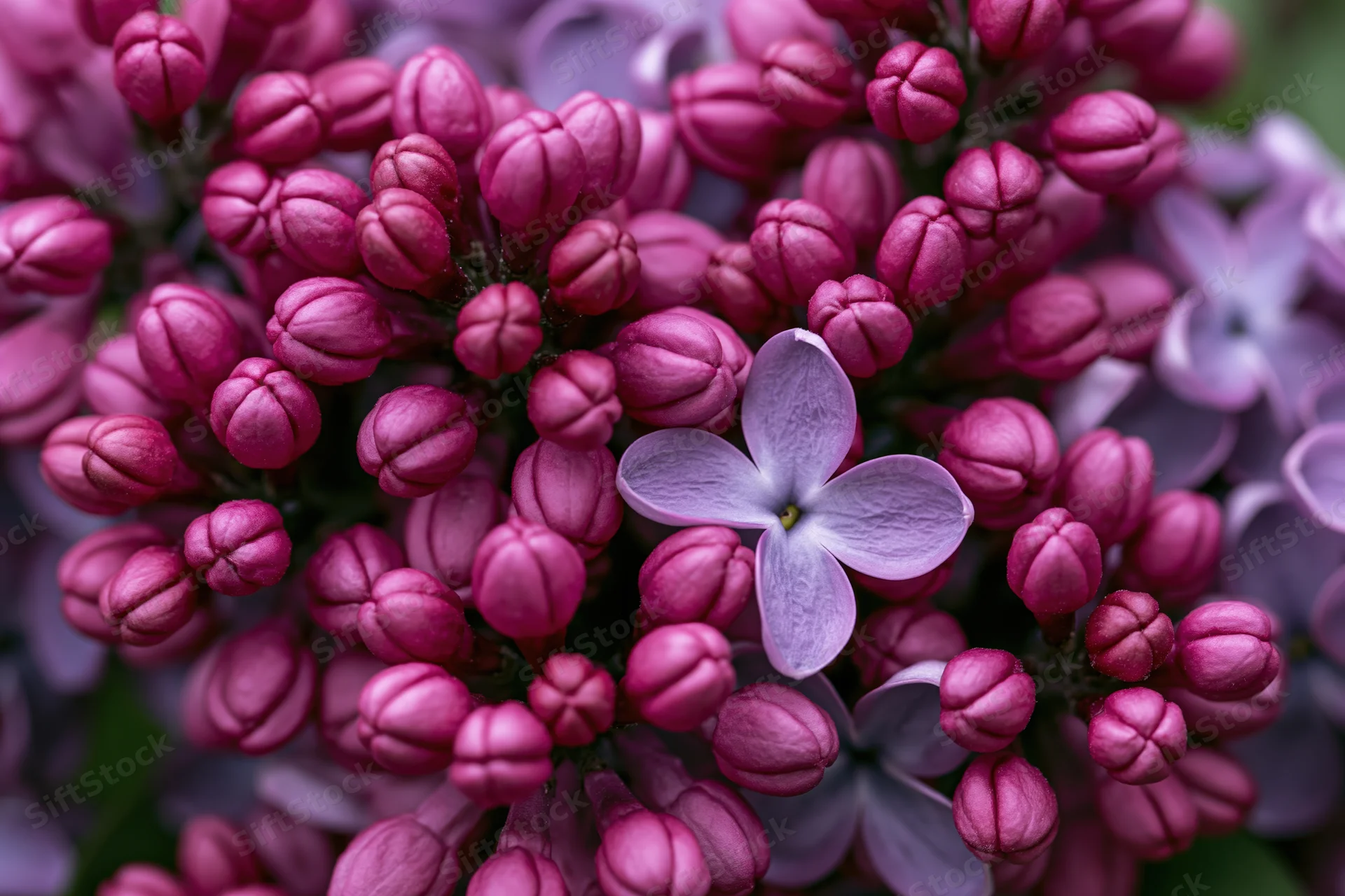 Dense cluster of lilac flowers in bloom with one open blossom surrounded by buds