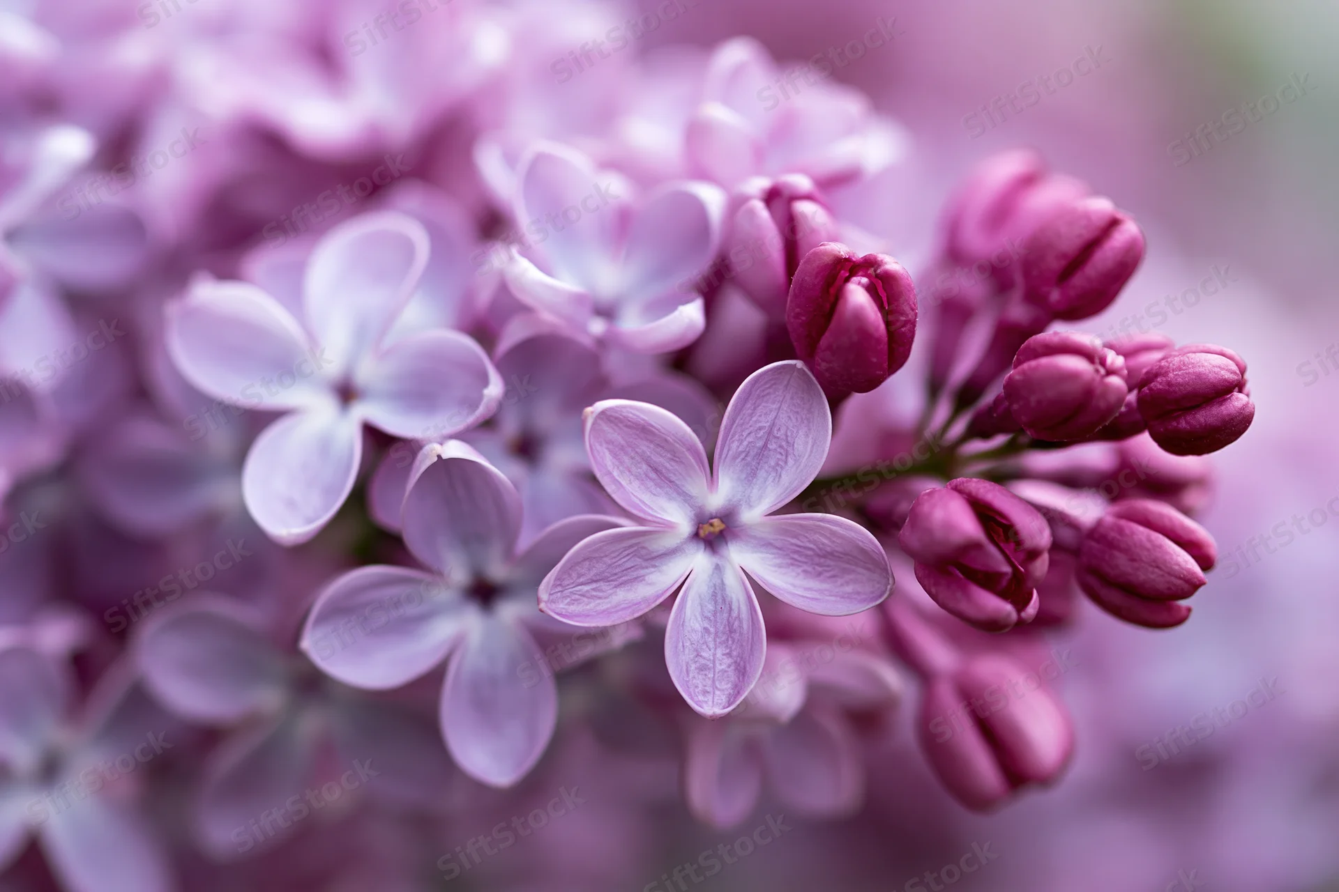 Close-up of lilac flower cluster with open and closed blooms in soft focus