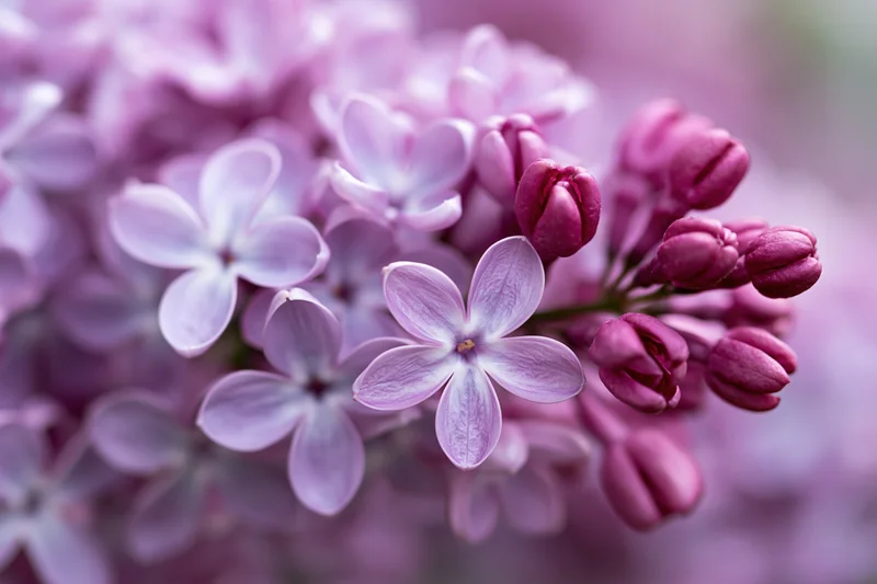 Close-up of lilac flower cluster with open and closed blooms in soft focus