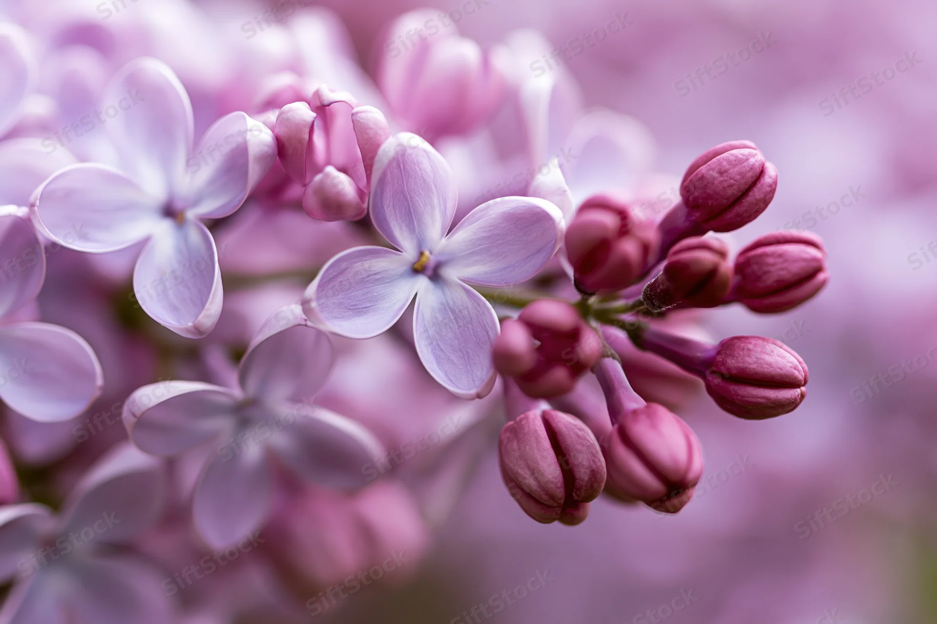 Close-up of lilac flower cluster with open blooms and buds in soft focus background