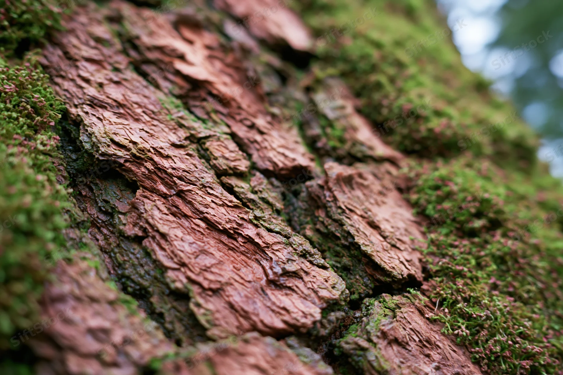 Close-up of deeply fissured tree bark covered in green moss and lichen, showing natural texture and weathering