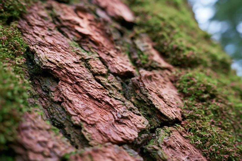 Close-up of deeply fissured tree bark covered in green moss and lichen, showing natural texture and weathering
