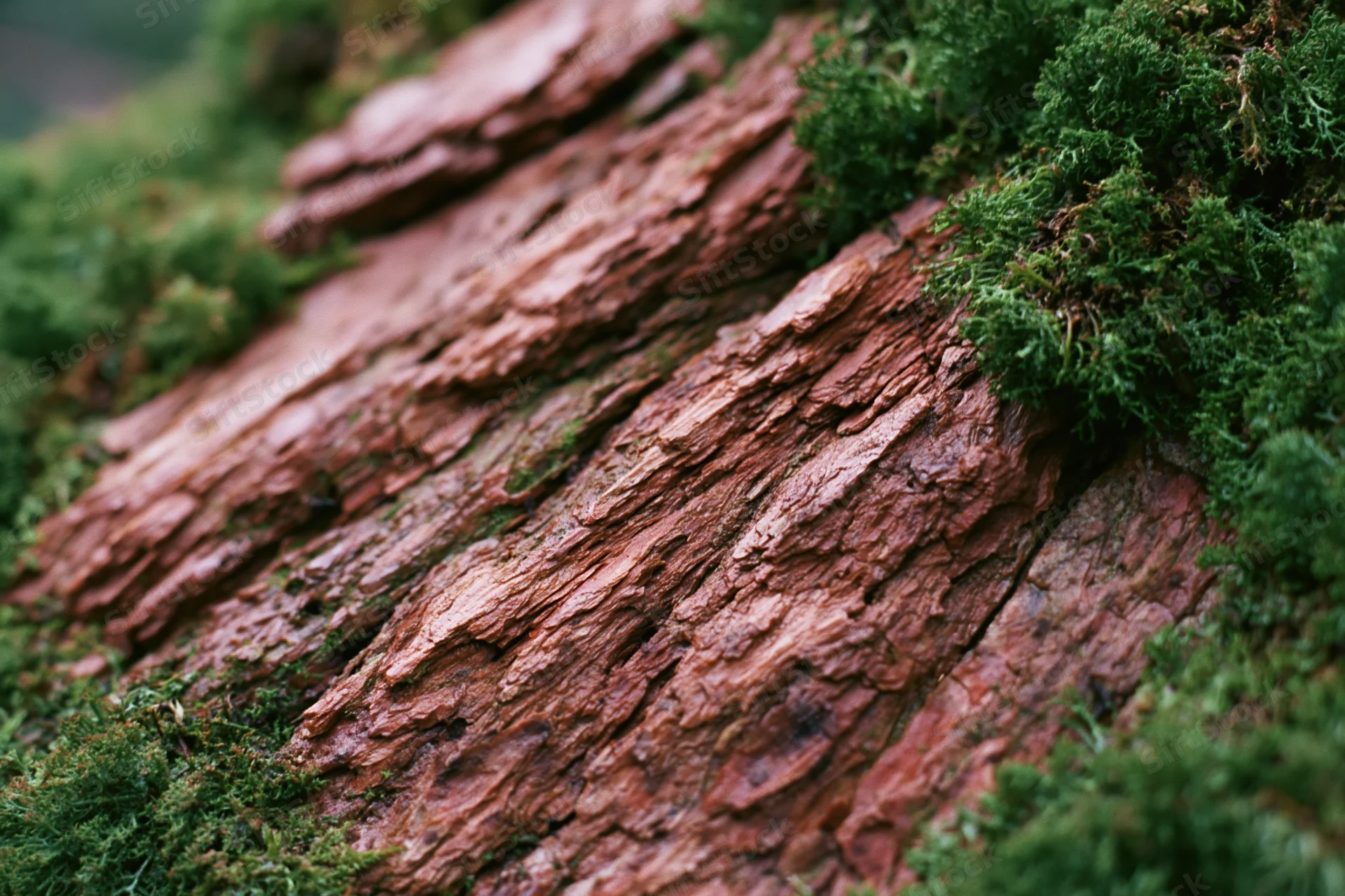 Weathered tree bark with deep fissures and green moss growth in a forest setting
