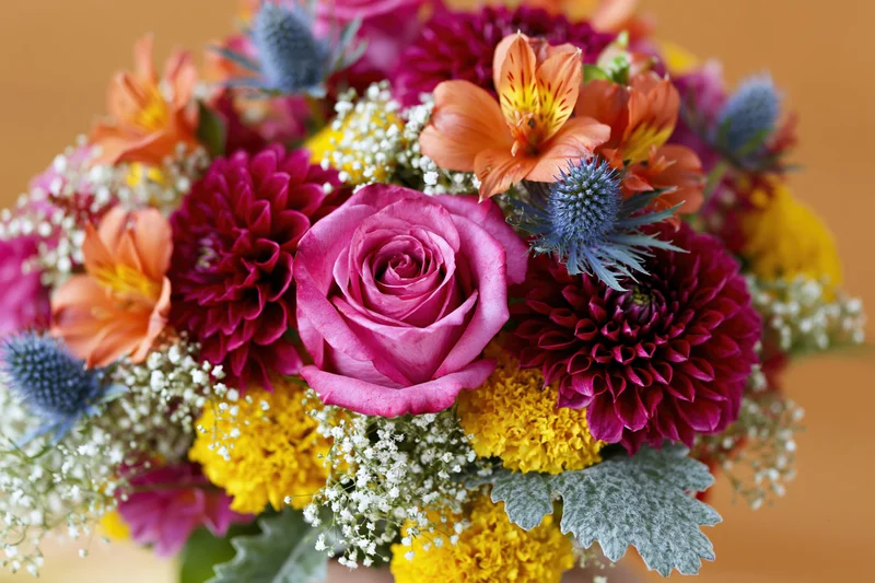 Close-up of a dense mixed flower bouquet held at eye level with roses, dahlias, alstroemeria, thistles and baby's-breath in vibrant colors