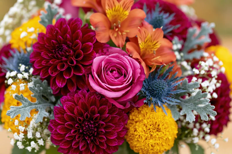 Close-up of a dense mixed flower bouquet with roses, dahlias, thistles and baby's breath arranged for autumn decoration