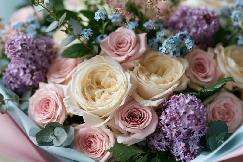 Close-up of a hand-tied bouquet of cream and pink garden roses with lilac and blue flowers wrapped in pastel paper