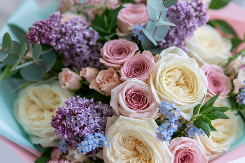 Close-up of a hand-tied bouquet of cream and pink roses with lilac and eucalyptus greenery